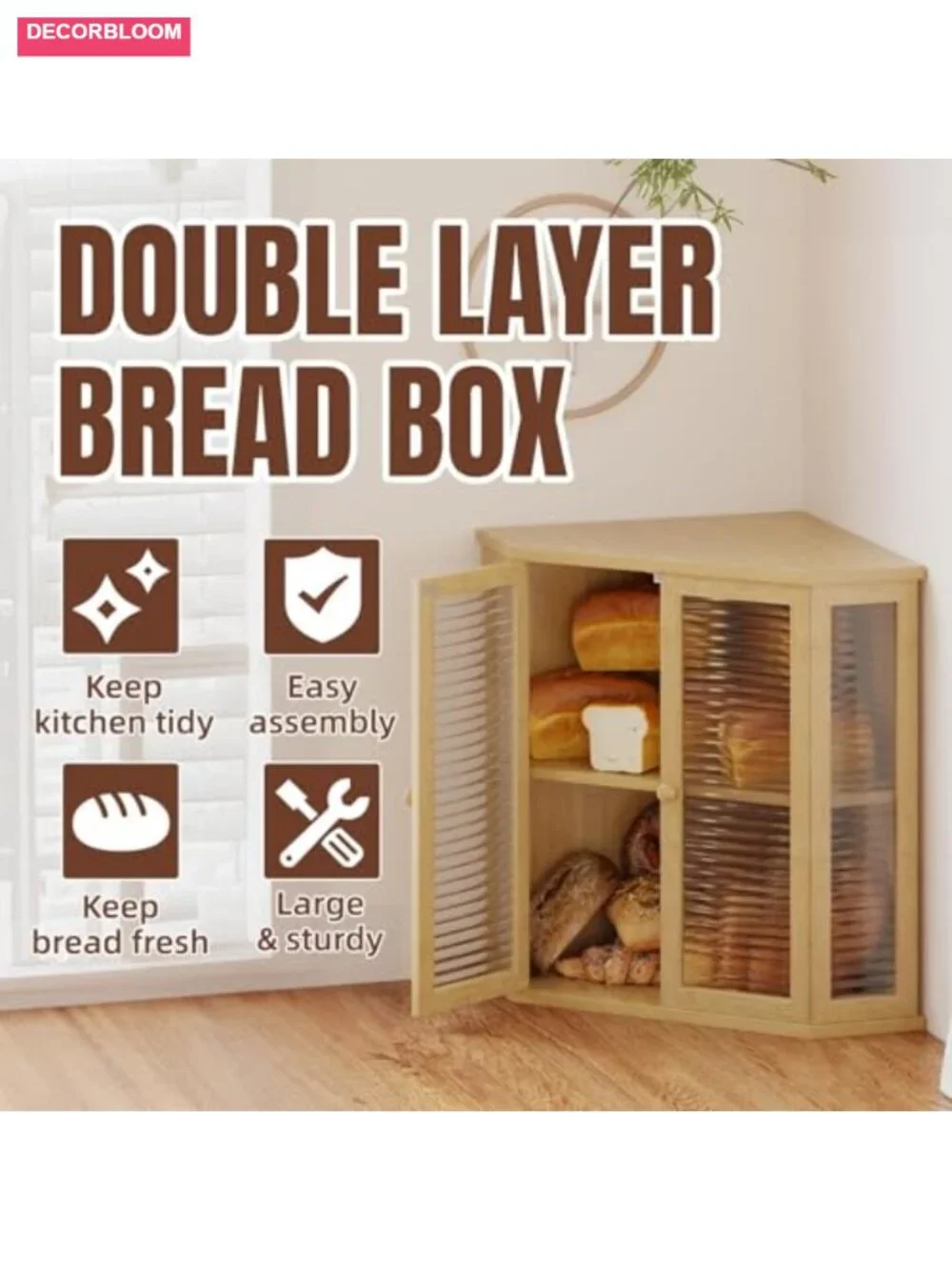 Corner Bread Box - Wood with Glass Door, Large Kitchen Countertop Storage for